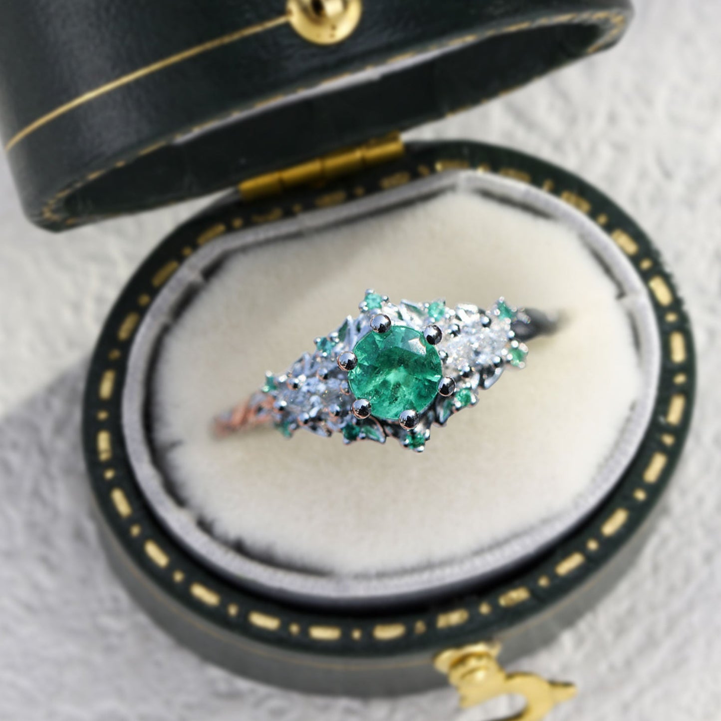 Unique Briar Rose Three Stone Round Lab Emerald Ring