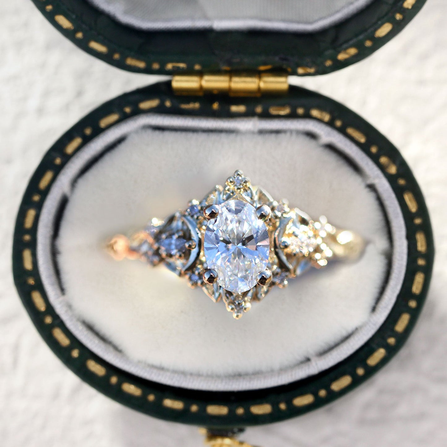 Unique Briar Moon Three Stone Oval Moissanite Ring