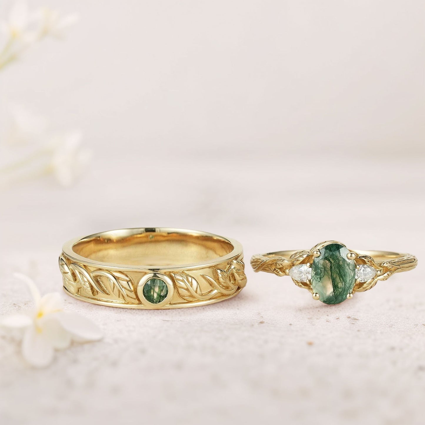 Unique Leaf Design Oval Moss agate and Moissanite Wedding Ring Promise Ring for Couples