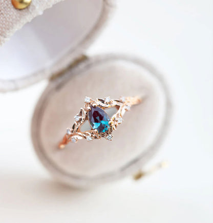 Unique Floral Rose Pear Lab Alexandrite Ring