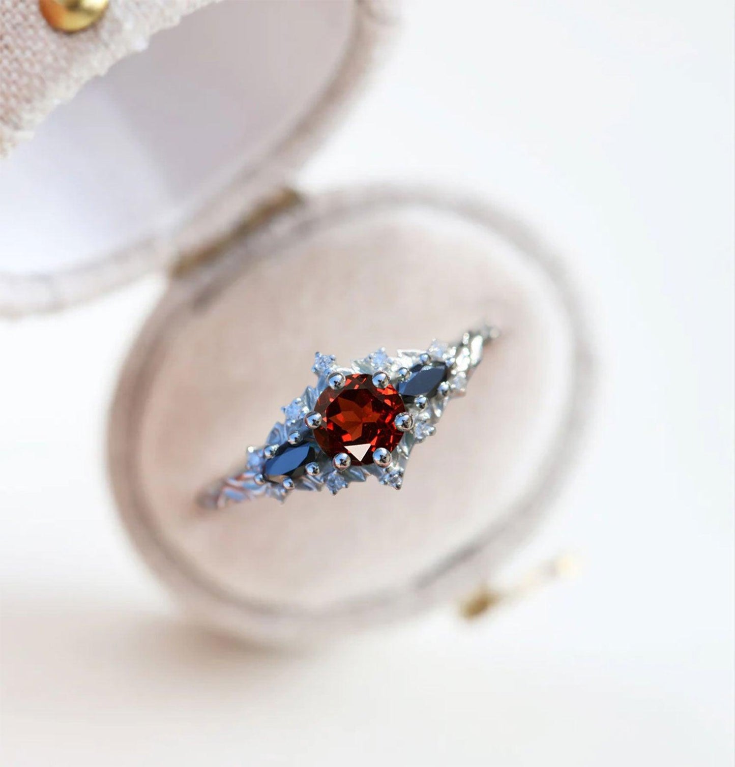 Unique Briar Rose Round Lab Garnet and Black Moissanite Ring