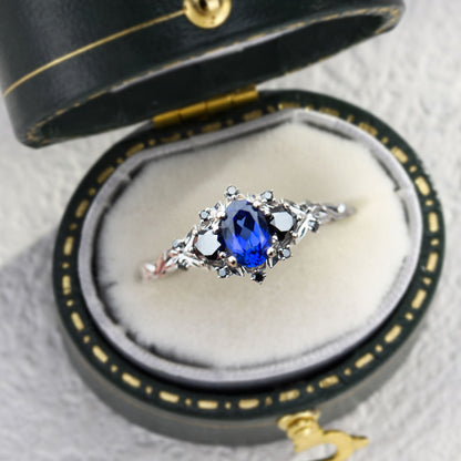 Unique Briar Rose Three Stone Oval Lab Blue Sapphire and Black Moissanite Ring
