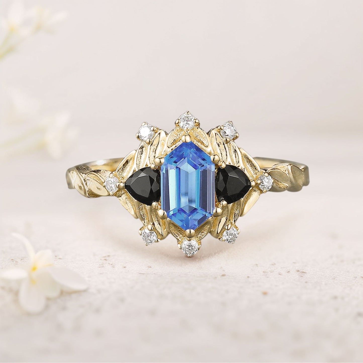 Unique Long Hexagon Lab Sapphire and Black Onyx Leaf Engagement Ring  Wedding Ring for Women