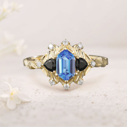 Unique Long Hexagon Lab Sapphire and Black Onyx Leaf Engagement Ring  Wedding Ring for Women