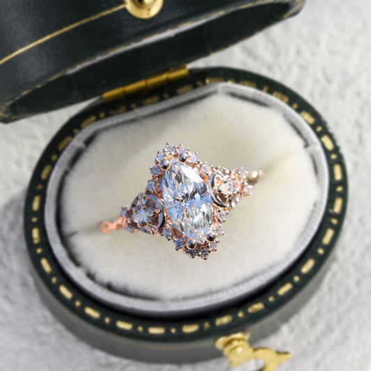 Unique floral engagement rings Moon three stone Half Halo Marquise Moissanite Ring
