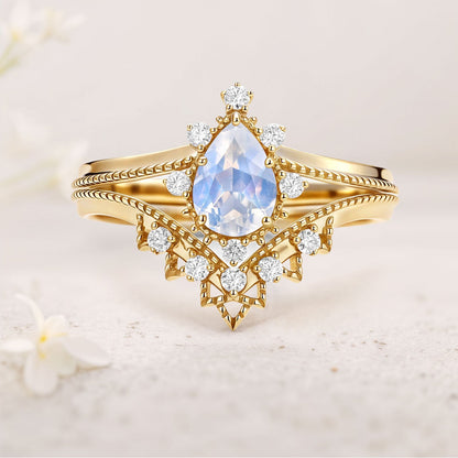 Vintage Pear Lab Moonstone and Moissanite Chevron Ring Set Bridal Set