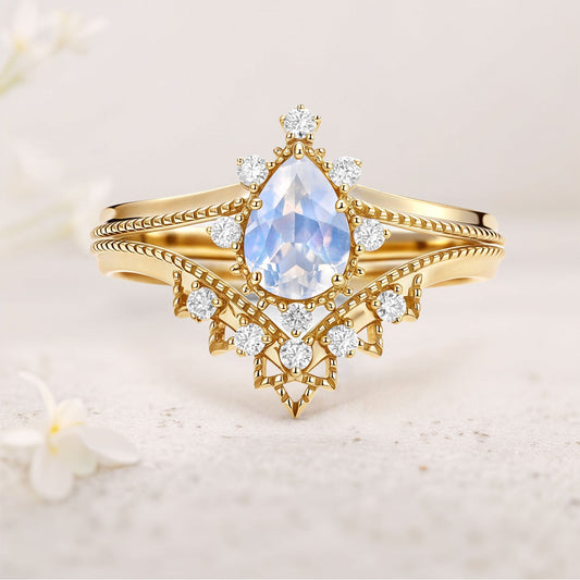 Vintage Pear Lab Moonstone and Moissanite Chevron Ring Set Bridal Set