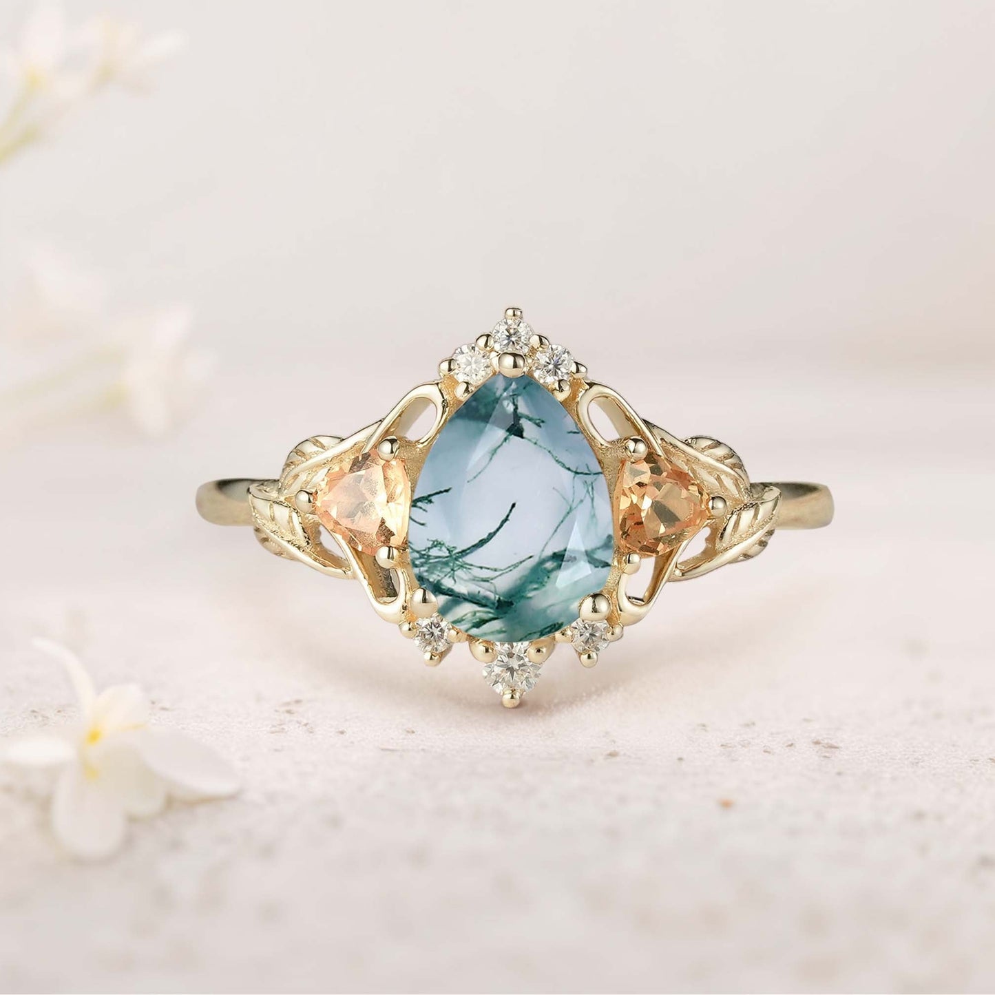 Unique Pear Moss Agate Leaf Ring Engagement Ring