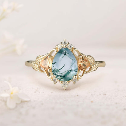 Unique Pear Moss Agate Leaf Ring Engagement Ring