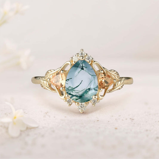Unique Pear Moss Agate Leaf Ring Engagement Ring