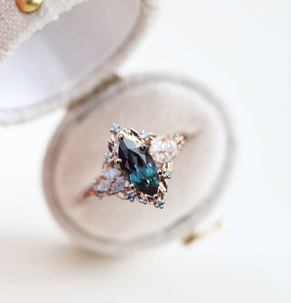 Unique Floral Rose Starlight Marquise Lab Alexandrite Ring