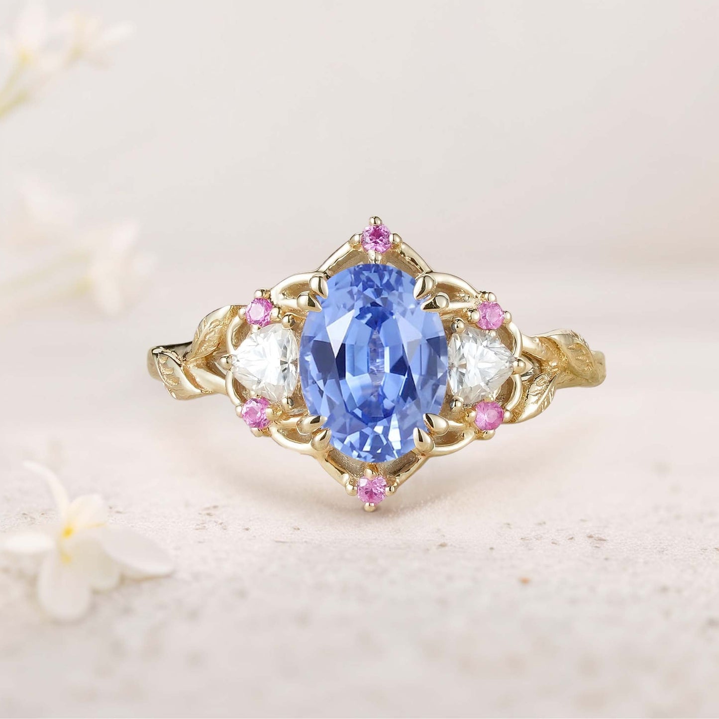 Unique Three Stone Oval Lab Sapphire Engagement Ring