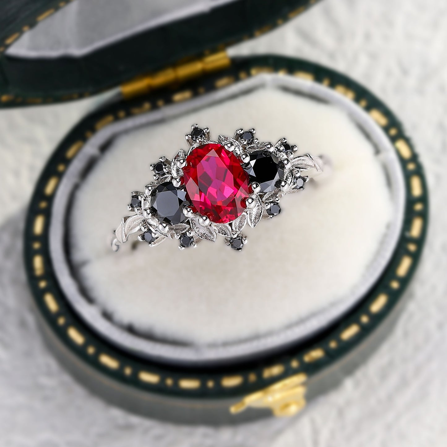 Unique Briar Rose Three Stone Oval Lab Ruby and Black onyx Ring