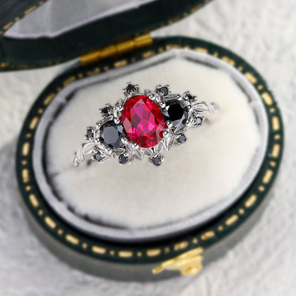 Unique Briar Rose Three Stone Oval Lab Ruby and Black onyx Ring