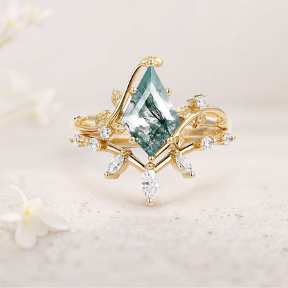 Unique floral engagement rings Kite Moss Agate Engagement Ring Set with Leafy Accents
