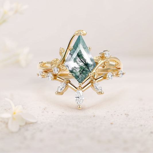 Unique floral engagement rings Kite Moss Agate Engagement Ring Set with Leafy Accents