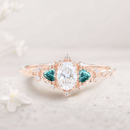 Classic Briar Rose Oval Moissanite and teal Moissanite Olive Leaves Engagement Ring