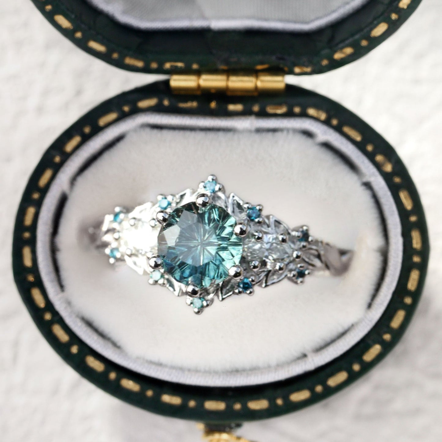 Unique Briar Rose Starbrite Cut Round Green Lab Sapphire Engagement Ring