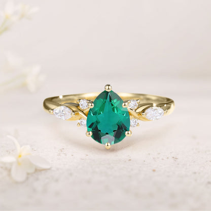 Unique Pear Lab Emerald Split Shank Engagement Ring