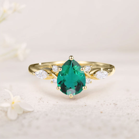 Unique Pear Lab Emerald Split Shank Engagement Ring
