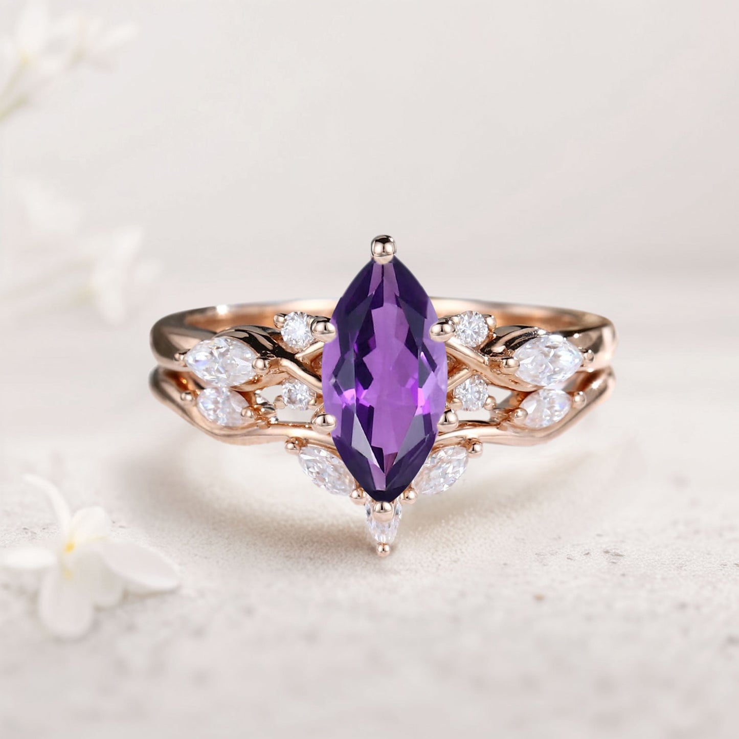 Unique Marquise Amethyst and Moissanite Wedding Ring Set Bridal Ring Set