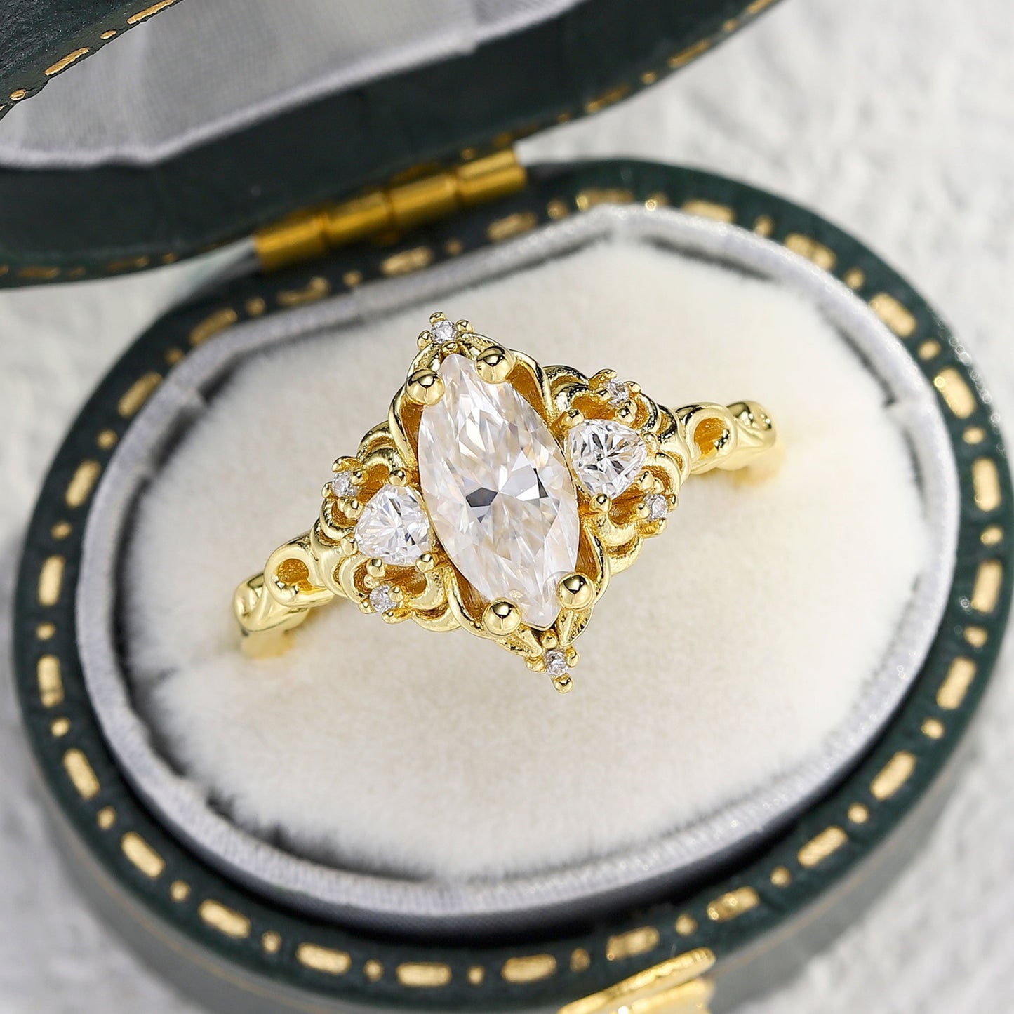 Unique Aurora Three Stone Marquise Moissanite Ring