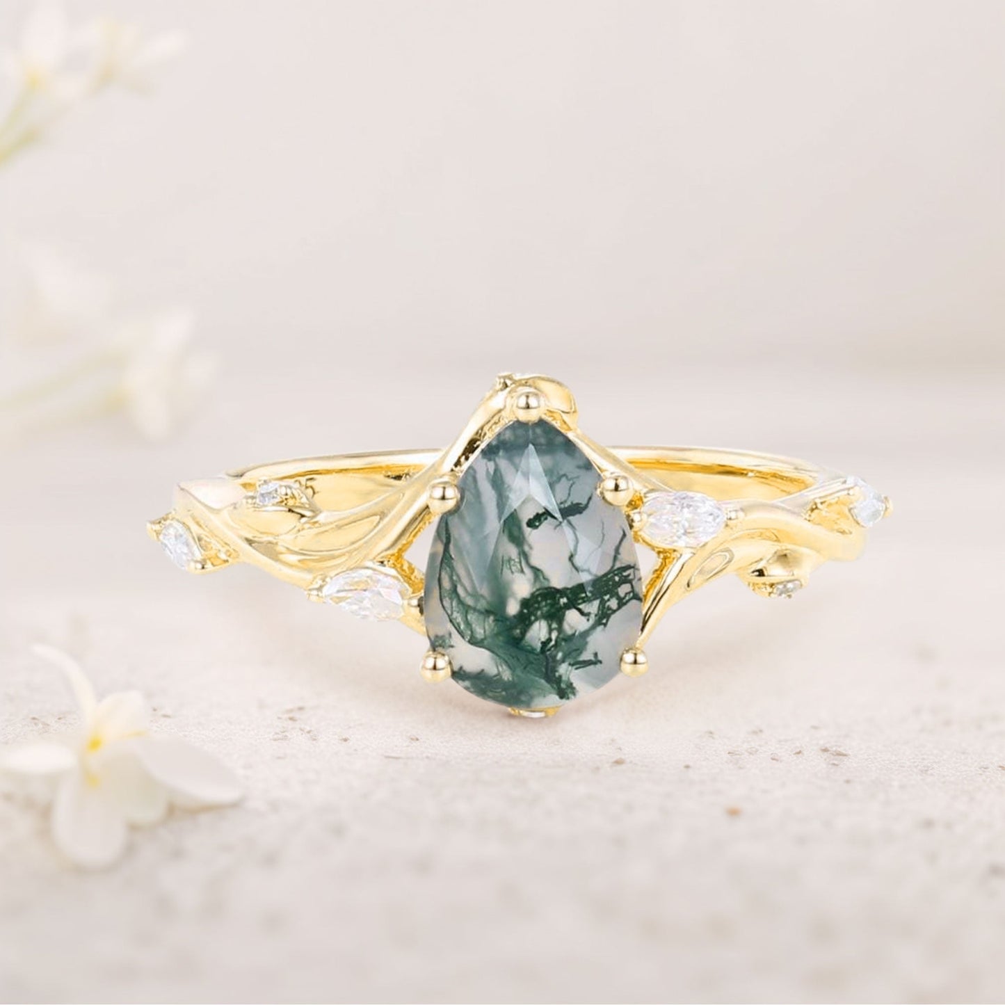 Unique floral engagement rings Pear Moss Agate Engagement Ring Branching Bridal Ring