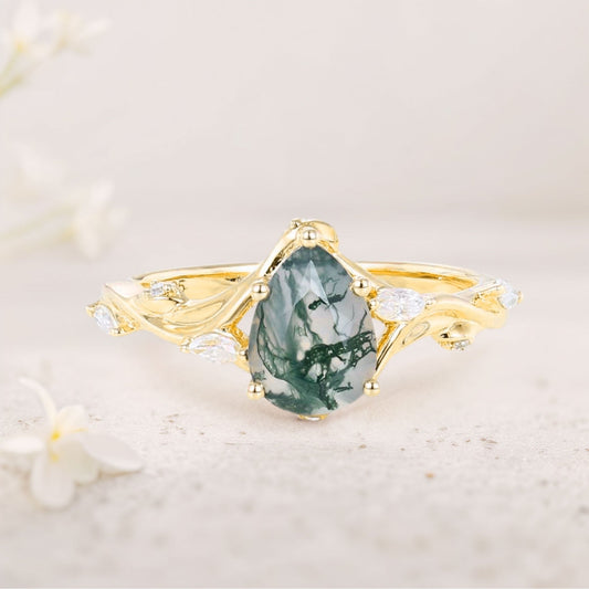 Unique floral engagement rings Pear Moss Agate Engagement Ring Branching Bridal Ring