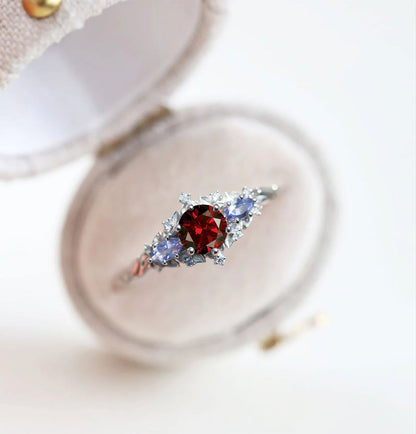 Unique Floral Rose Three Stone Round Garnet and Lab Tanzanite Anniversary Ring
