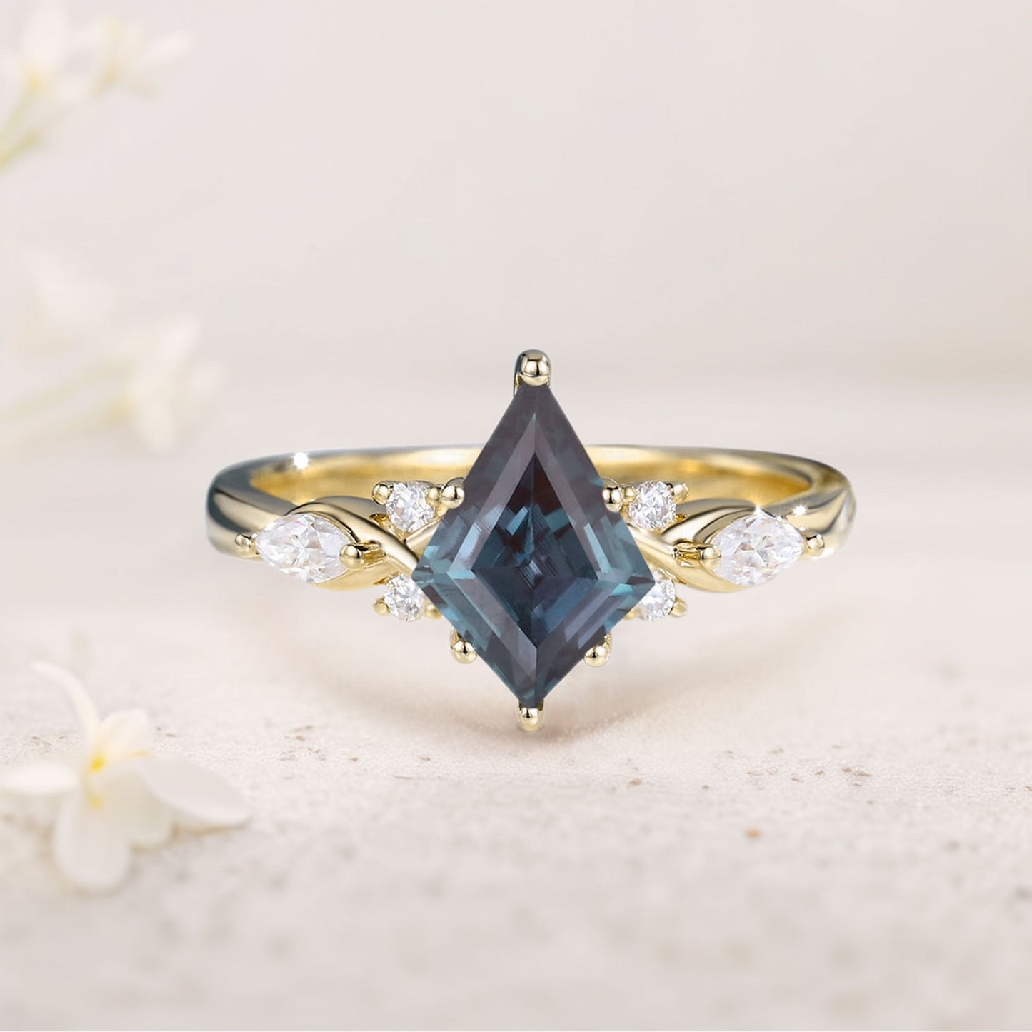 Unique Kite Lab Alexandrite Engagement Ring Twisted Bridal Ring