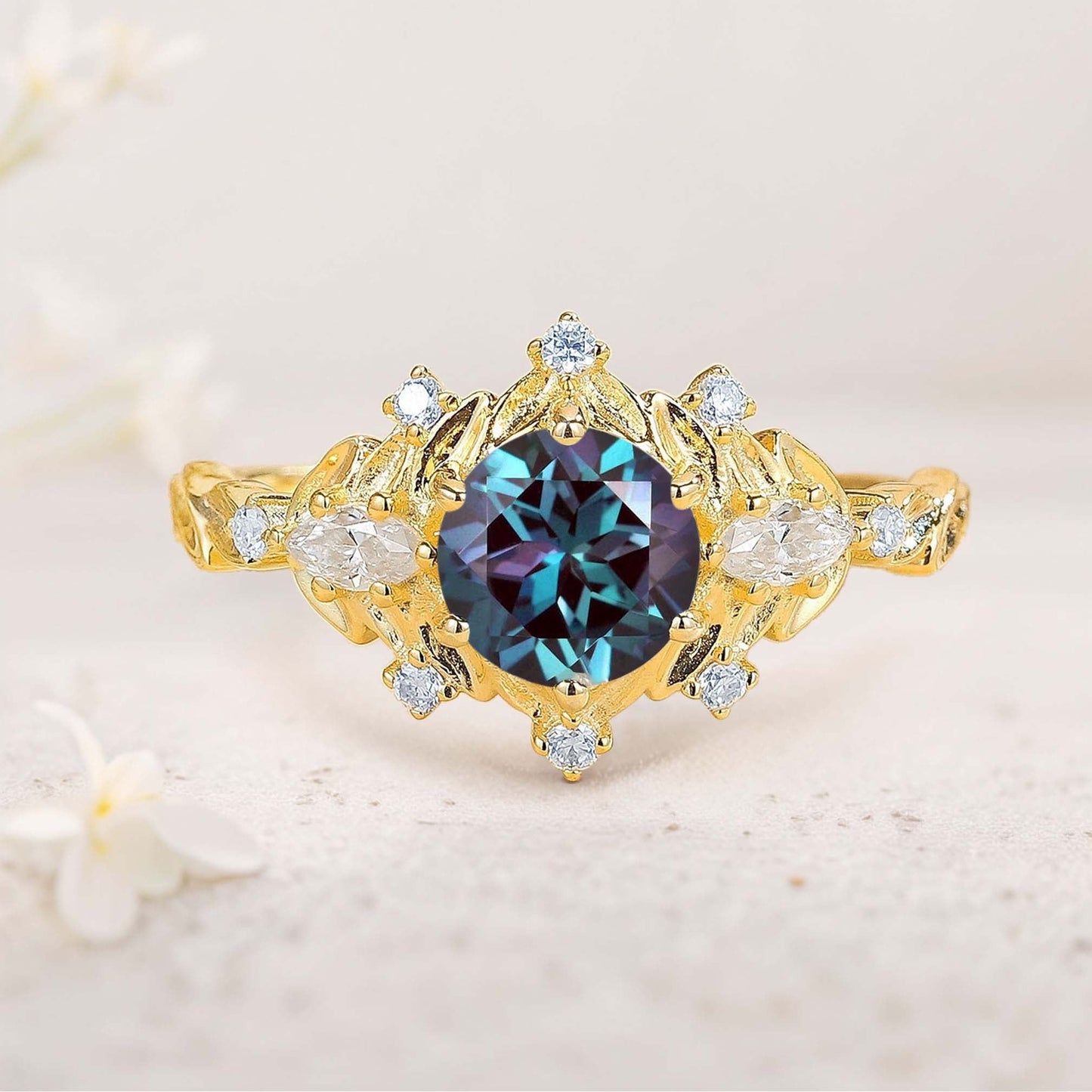 Unique floral engagement rings Round Citrine Flower Engagement Ring Art Deco Leaf Wedding Ring