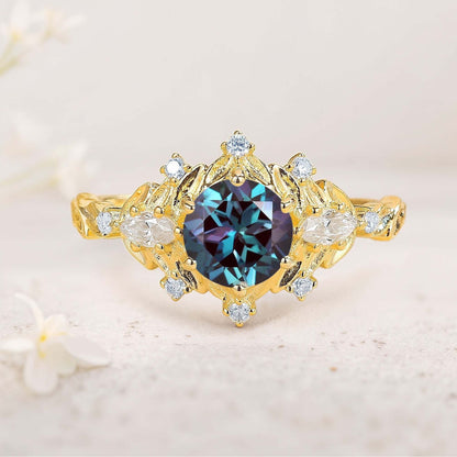 Unique floral engagement rings Round Citrine Flower Engagement Ring Art Deco Leaf Wedding Ring