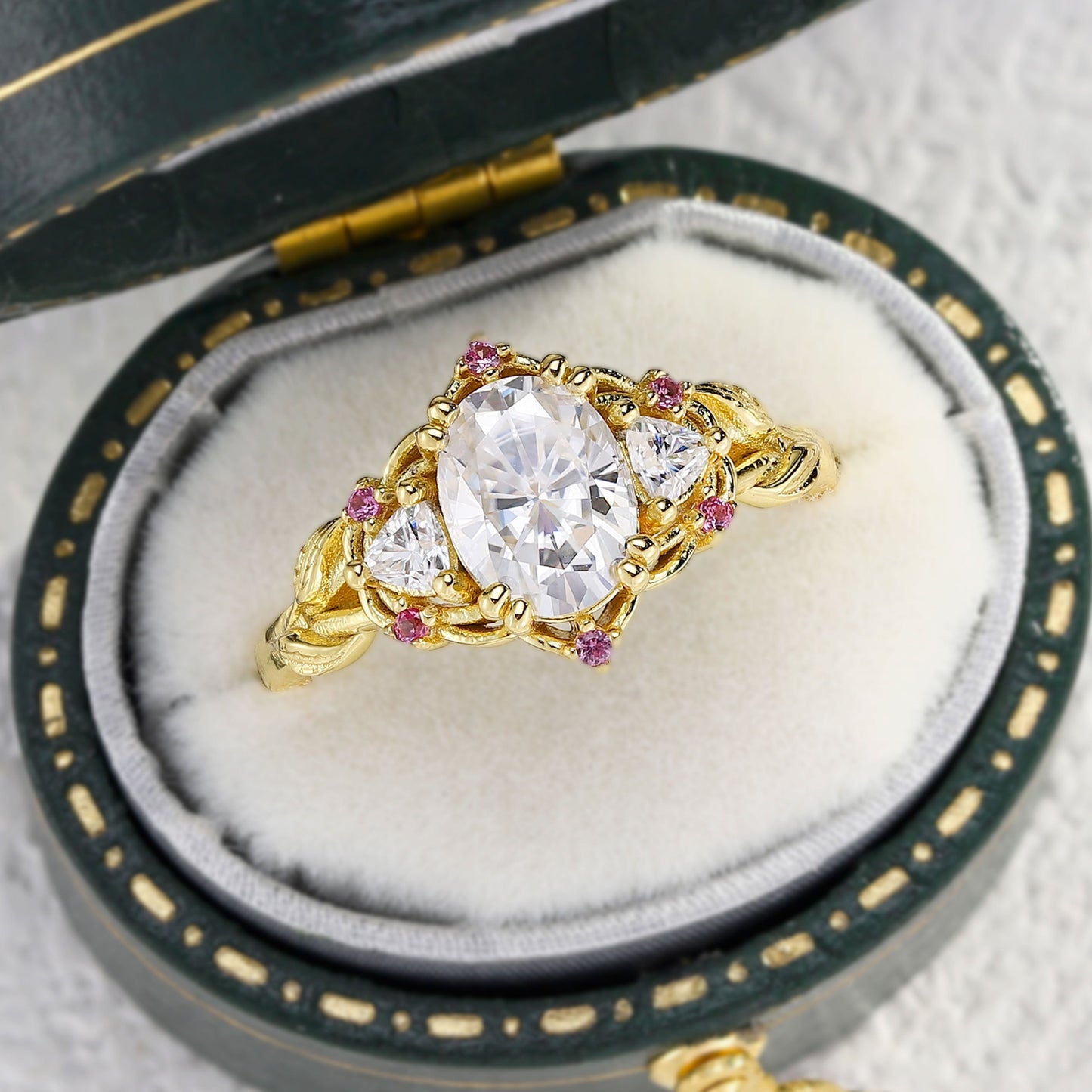 Unique Three Stone Oval Moissanite with Amethyst Engagement Ring For Women