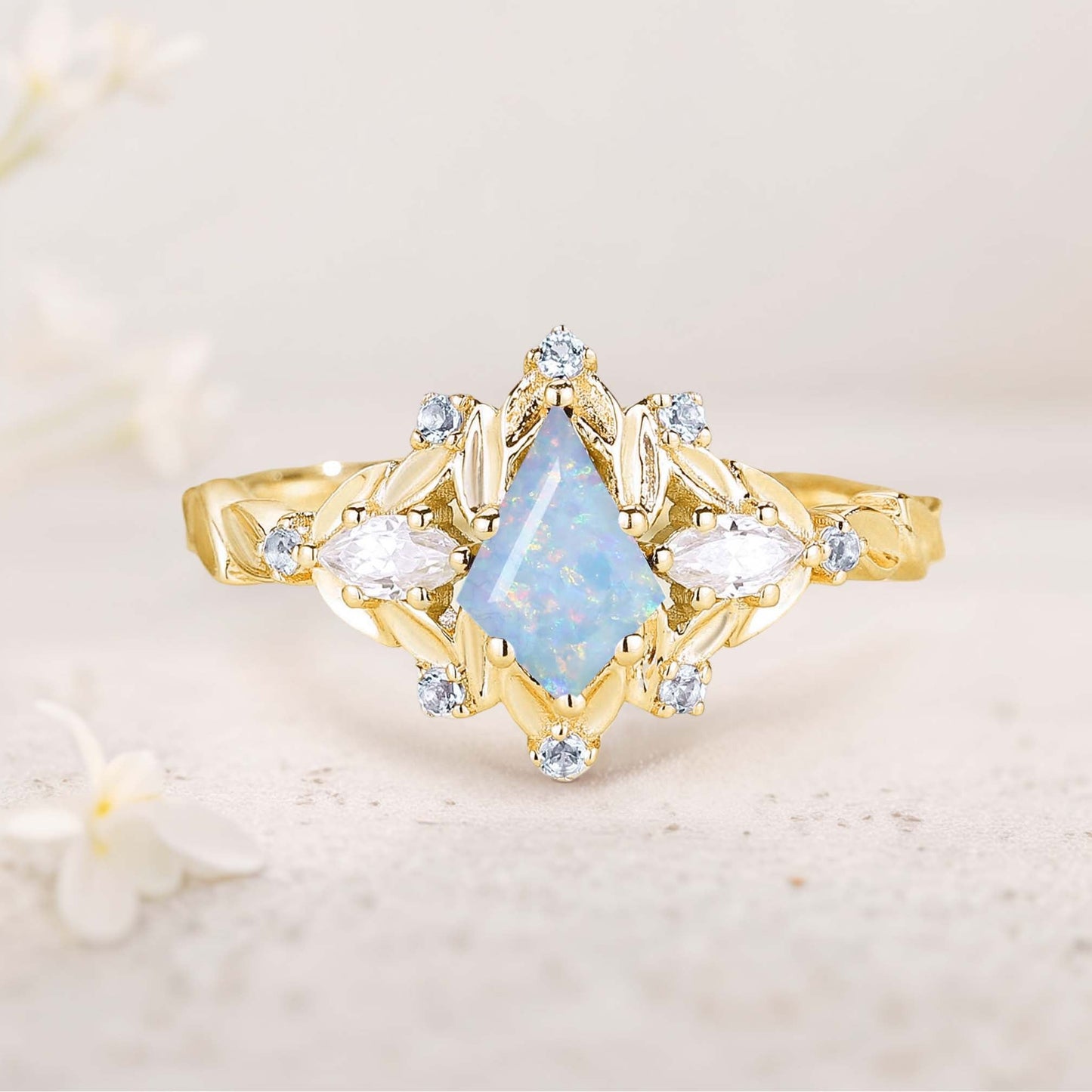 Unique floral engagement rings Kite Lab Opal Engagement Ring Leaf Flower Aquamarine Wedding Ring
