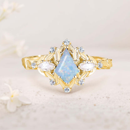 Unique floral engagement rings Kite Lab Opal Engagement Ring Leaf Flower Aquamarine Wedding Ring