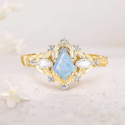 Unique floral engagement rings Kite Lab Opal Engagement Ring Leaf Flower Aquamarine Wedding Ring