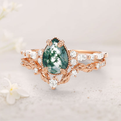 Vintage floral engagement rings Pear Moss Agate Leafy Engagement Ring Set