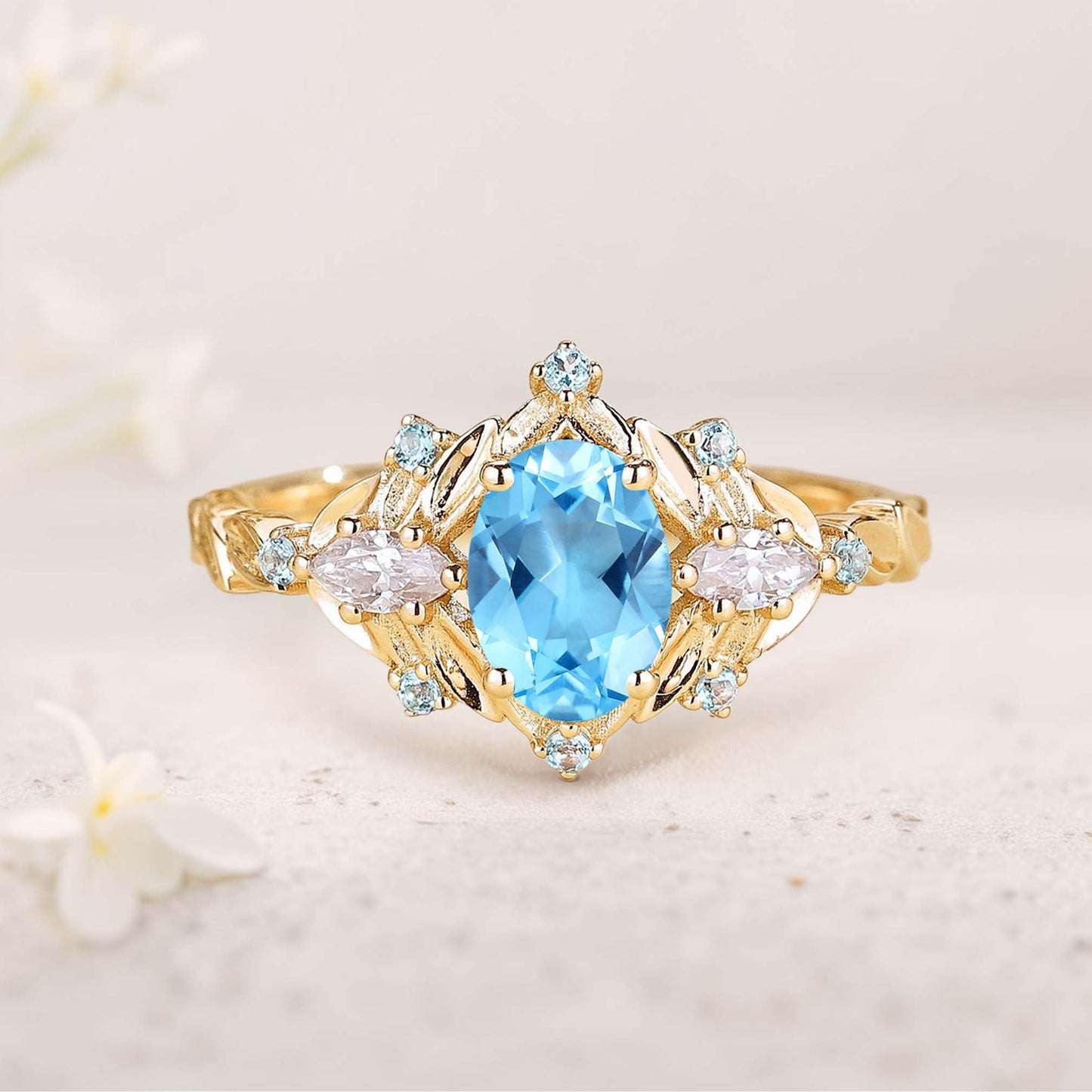 Unique floral engagement rings Oval Blue Lab Topaz Cluster Wedding Ring Fairy Engagement Ring