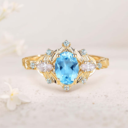 Unique floral engagement rings Oval Blue Lab Topaz Cluster Wedding Ring Fairy Engagement Ring