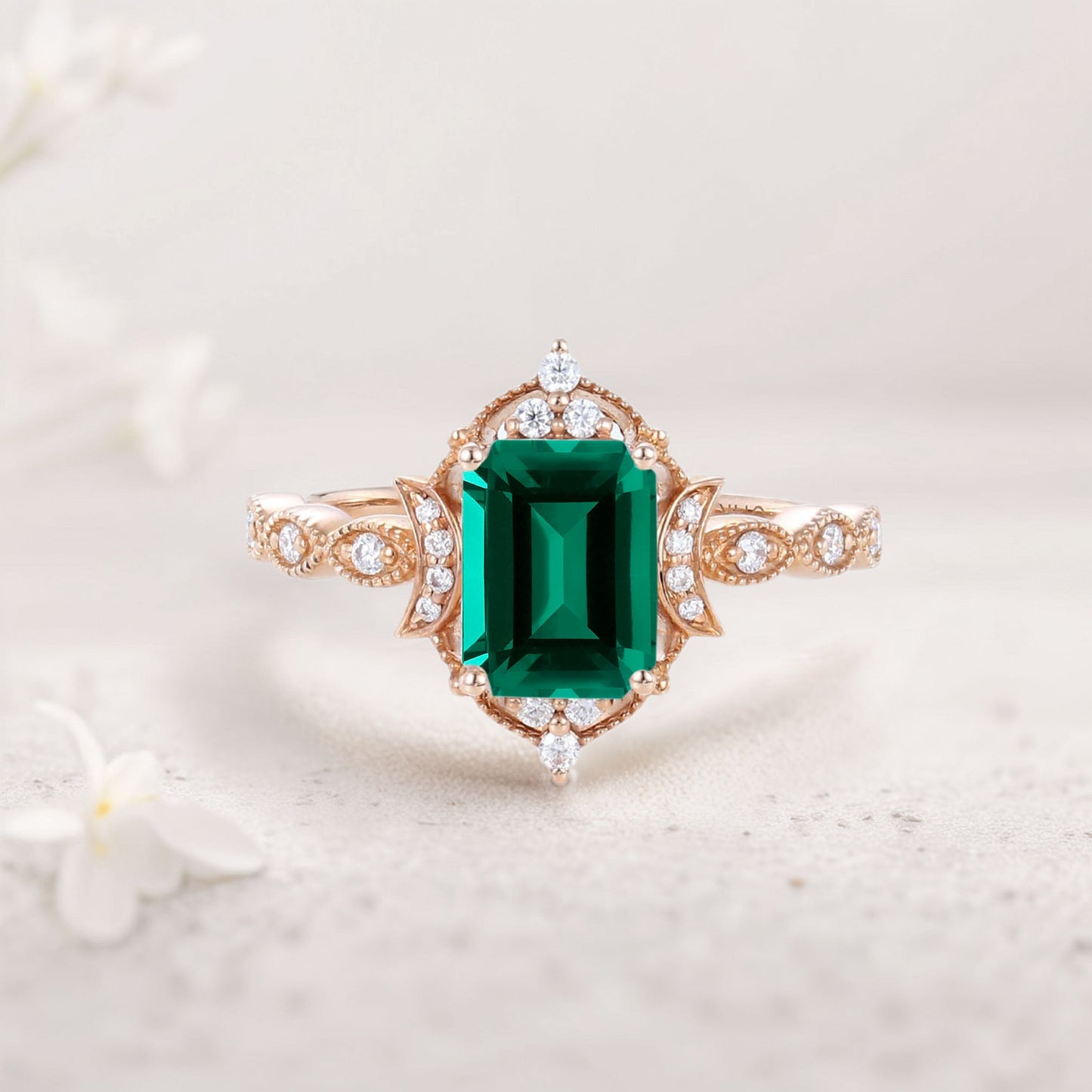 Vintage Lab Emerald Engagement Ring Whimsical Charm Bridal Ring