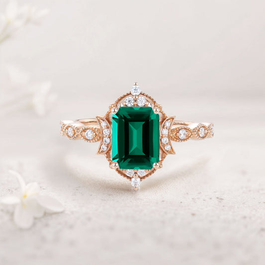 Vintage Lab Emerald Engagement Ring Whimsical Charm Bridal Ring