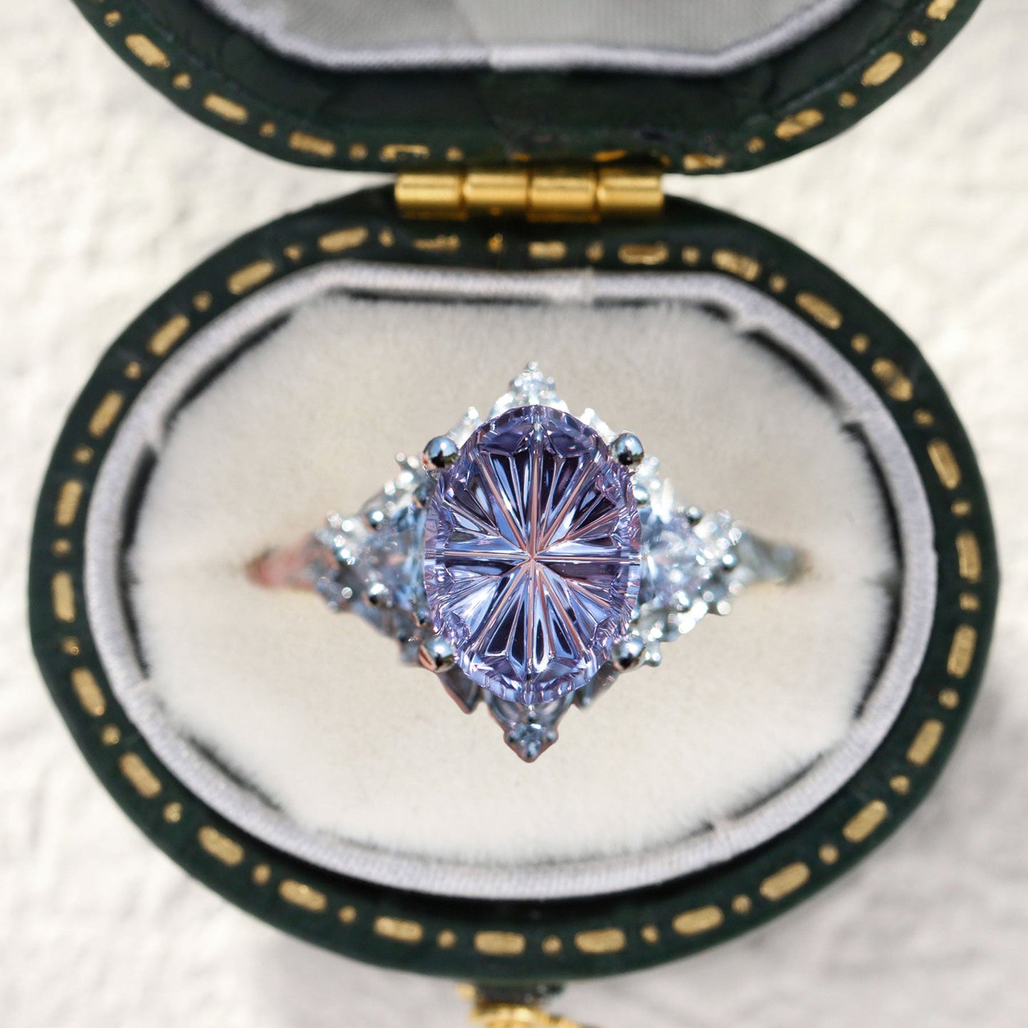 Unique Briar Rose Three Stone Starbrite Cut Oval Purple Lab Sapphire Ring