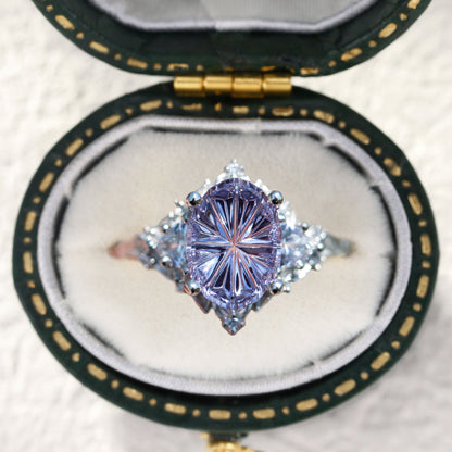 Unique Briar Rose Three Stone Starbrite Cut Oval Purple Lab Sapphire Ring