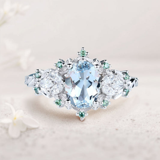 Unique Starlight Oval Lab Aquamarine Engagement Ring