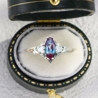 Unique Briar Rose Three Stone Marquise Lab Alexandrite Ring
