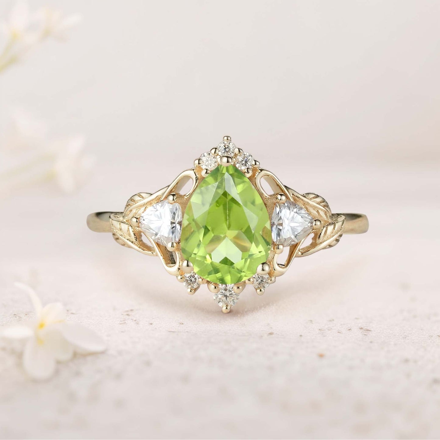 Unique Pear Peridot and Moissanite side stones Leaf Ring Engagement Ring