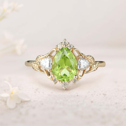Unique Pear Peridot and Moissanite side stones Leaf Ring Engagement Ring