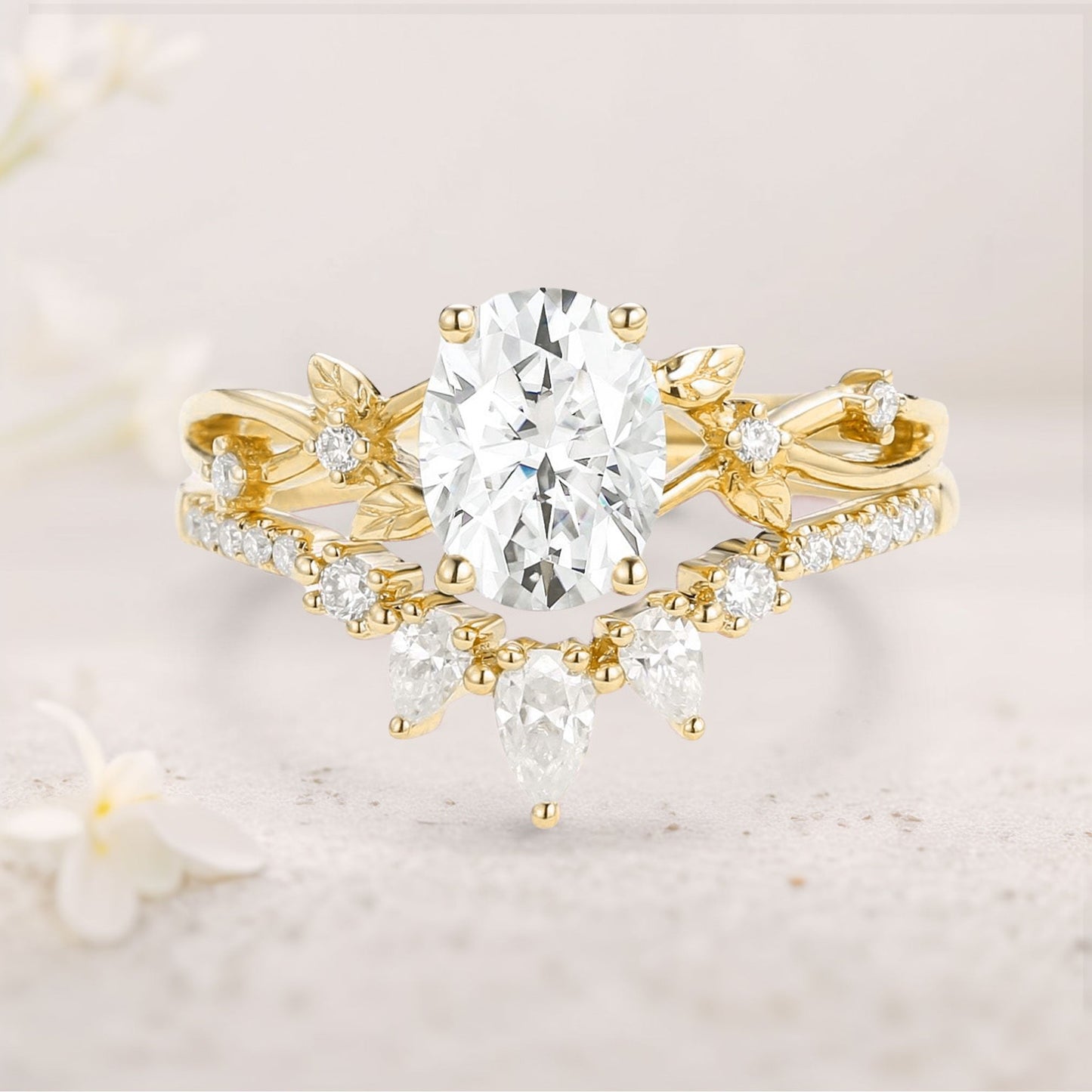 Unique floral engagement rings Oval Moissanite Leafy Wedding Ring Bridal Ring Set