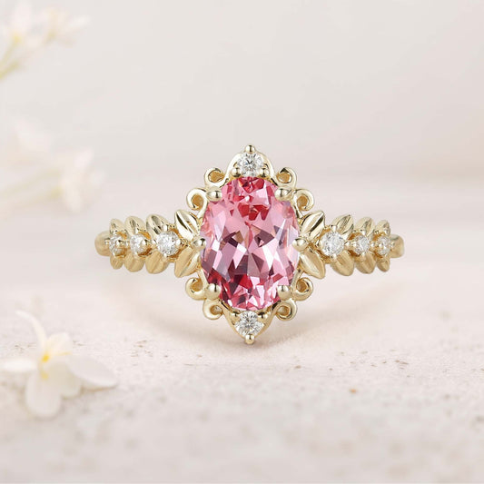 Unique Elegant Royal Oval Lab Padparadscha  Filigree Leaf Engagement Ring