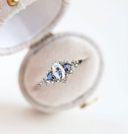 Unique Floral Rose Three Stone Oval Moissanite and Lab Alexandrite Wedding Ring